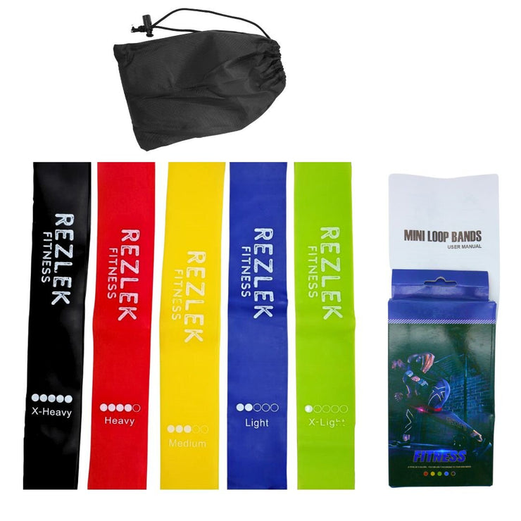 Rezlek Fitness Resistance Bands for Exercise [Set of 5] Non-Slip Elastic Loop Workout Bands, Ideal for Home, Gym, Yoga, Strength Training, Pilates and Stretch - Free Carrying Case Included - Rezlek Fitness